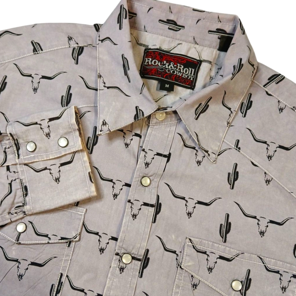 Rock & Roll Cowboy Shirt Gray Pearl Snap Cow Skull/Cactus Western Rodeo…